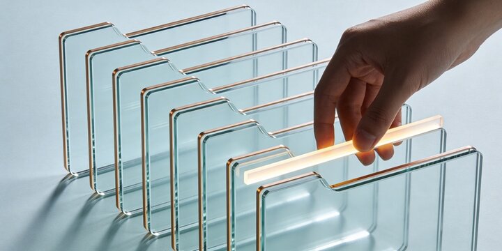 Transparent glass folders with hand placing glowing data bar, digital file transfer and document organization technology header with clean copy space