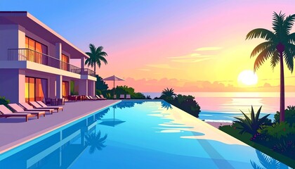Fototapeta premium Luxury resort villa illustration with infinity pool and sunset scenery