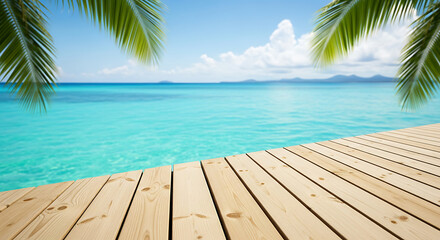 Fototapeta premium Tropical Beach Boardwalk with Turquoise Ocean and Palm Trees