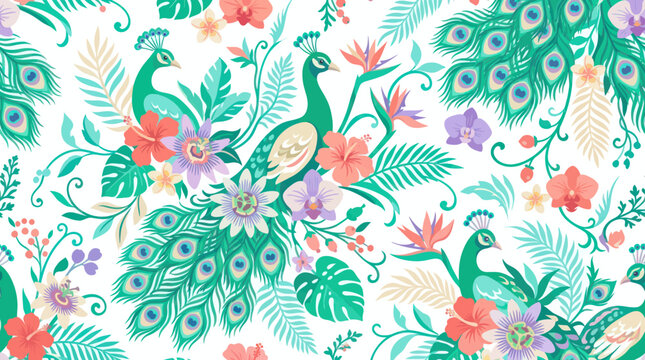 Decorative Nature: Tropical Peacocks and Exotic Flowers Seamless Pattern Flat Vector Illustration