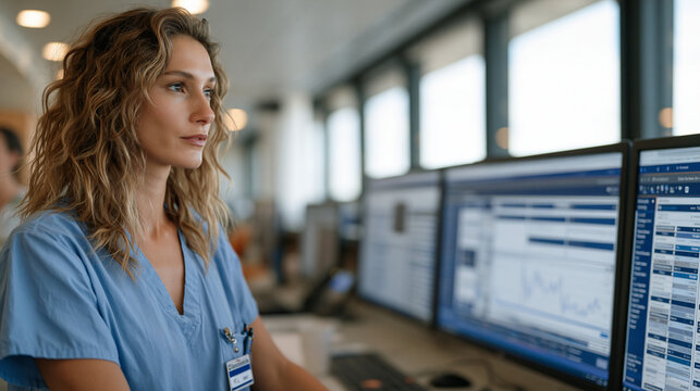Hospital predictive analytics nurse manager reviews readmission risk stratification charts on a touchscreen command center in a cardiovascular unit, flagging high-acuity discharge cases for care tra
