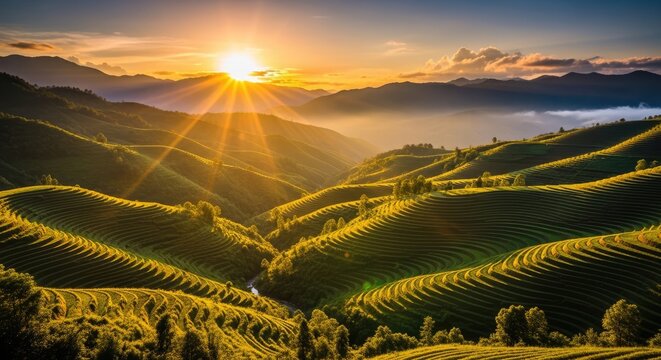 Golden sunrise over terraced rice fields in mountainous landscape