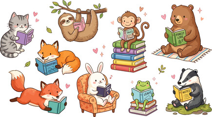 Fototapeta premium Cute Cartoon Forest Animal Characters Reading Books Icon Set with Cat Sloth Monkey Bear Fox Rabbit Frog and Badger for Kids Education Library Designs