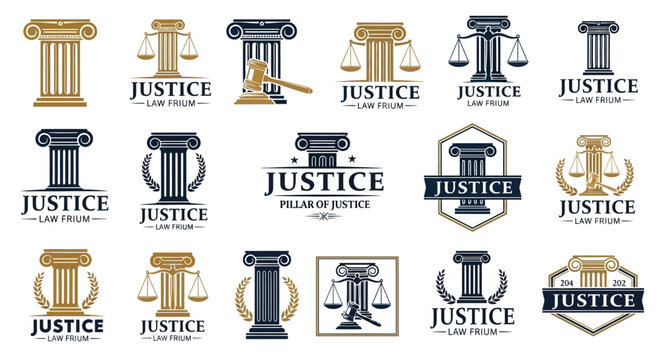 Law and Justice Symbols: Pillars, Scales of Justice, Gavel, and Legal Text Icons