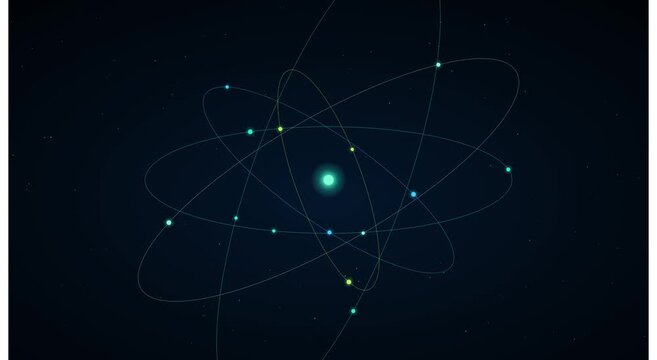 Atomic structure animation: glowing particles orbiting a central nucleus animation