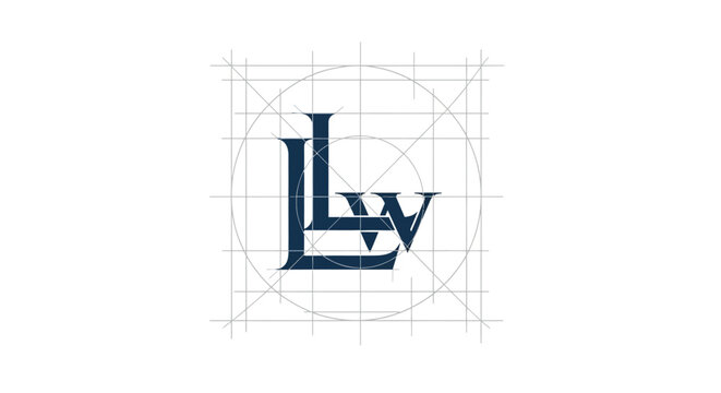 Monogram logo design blueprint with geometric guides and grid lines