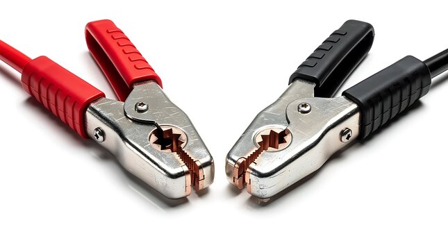 Jumper cables with metal clamps and red black handles