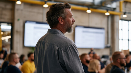 Obraz premium Circular economy corporate training session in an industrial setting where sustainability consultants lead product lifecycle analysis workshops for manufacturing engineers reviewing material recover