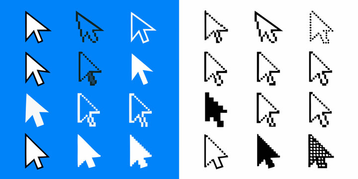 cursor icons set various mouse pointers and hand cursors on blue and white