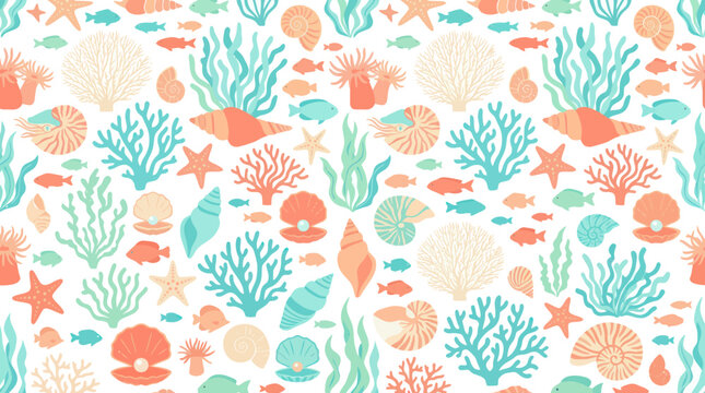 Seamless Underwater Sea Life Coral Fish Shells Pattern, Flat Illustration