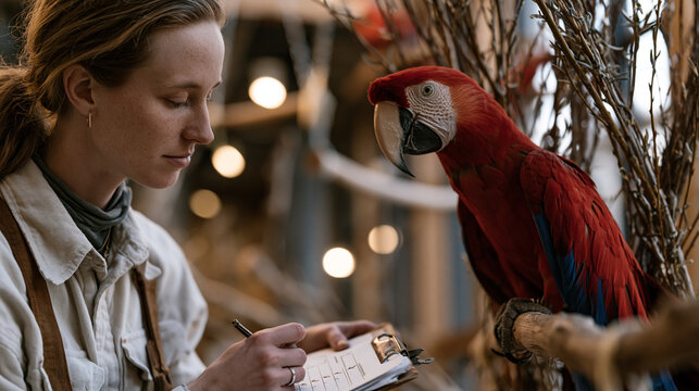 Avian behaviorist installing ceiling-mounted swing and willow branch cluster inside floor-to-ceiling indoor flight cage, scarlet macaw watching intently from high perch as enrichment assessment form