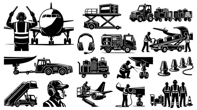 Airport Ground Operations Black  White Vector Silhouette Set: Crew, Vehicles  Aviation Equipment
