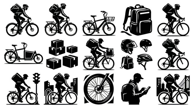 Delivery Cyclist Icons: Bike Courier, Backpacks, Helmets, Boxes, Traffic Lights, Cityscape