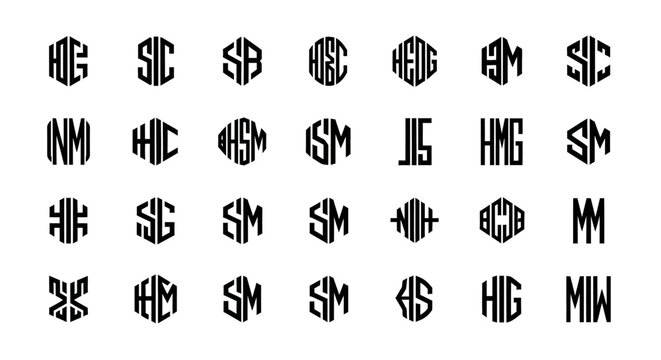 Monogram Logo Designs - Hexagonal and Oval Shapes, Uppercase Letters