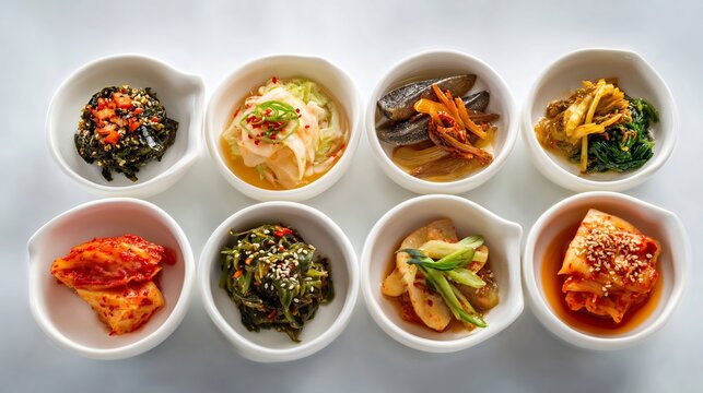 Korean food banchan assortment Korean side dish kimchi pickled radish spinach small plates variety colorful arrangement minimal clean background