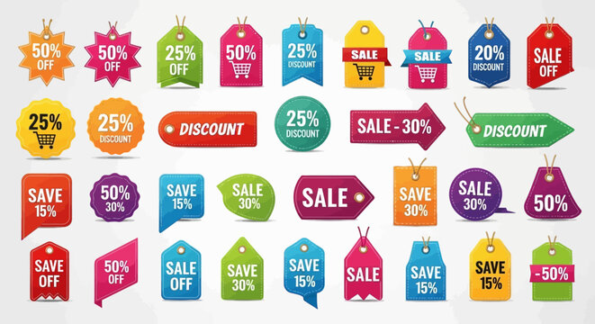 Collection of colorful sale and discount tags, labels, and stickers for retail promotions