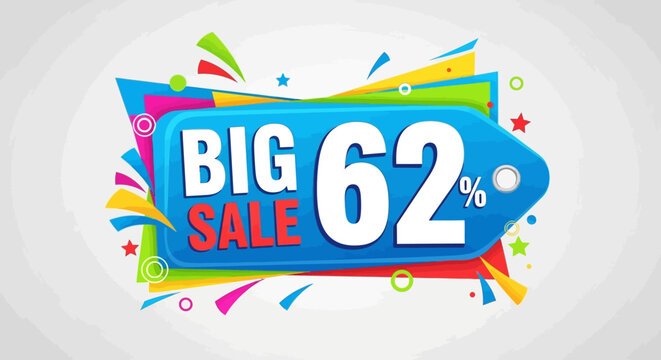 Big Sale 62% Off Discount Tag with Colorful Confetti and Stars