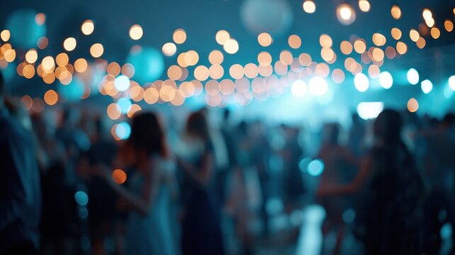 Blurred Nighttime Social Gathering with Warm Bokeh Lights Creating a Festive and Energetic Atmosphere