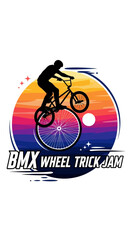 Fototapeta premium BMX Rider Silhouette Performing Wheelie Trick Against Vibrant Sunset Circle