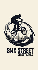 Fototapeta premium BMX Street Rider Silhouette Jumping Over Cityscape with Grunge Swirls