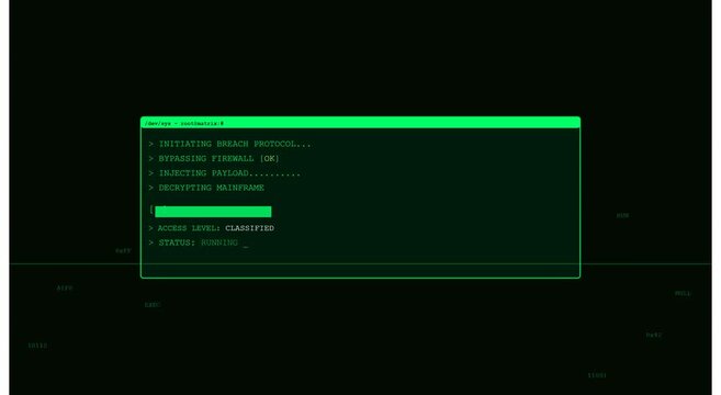 Cyber security breach protocol interface with green terminal data code animation