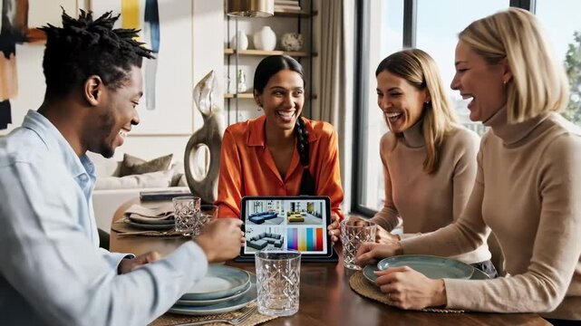 A vibrant gathering of diverse friends sparks creativity in a modern workspace filled with natural light.