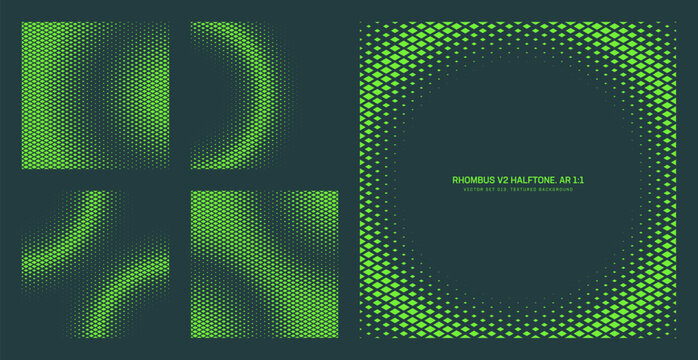 Assorted vector vibrant green rhombus grid halftone pattern set in square 1:1 aspect ratio including circular frame and various semi circle borders. Half tone graphic futuristic design elements bundle