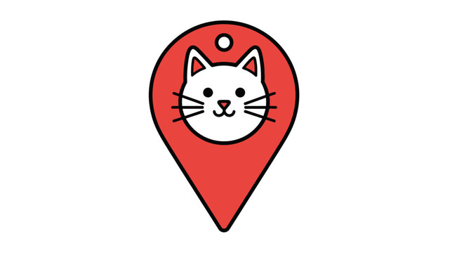 Cute cat face inside a red location pin icon, pet finder concept