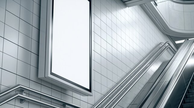 Blank advertising billboard on tiled wall next to escalator in modern subway station for promotional copy