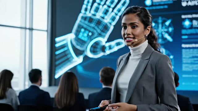 A skilled presenter shares insights on advanced generative AI during a captivating session. The audience listens attentively as futuristic visuals illustrate the potential of robotic innovations.