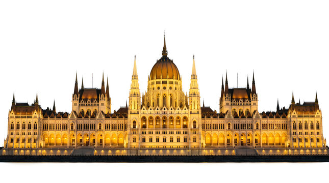 Hungarian parliament building at night with golden lights on white background.