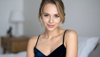 Fototapeta premium Young blonde woman sitting on bed wearing blue dress with thin straps smiling at camera in cozy blurred bedroom setting generative AI