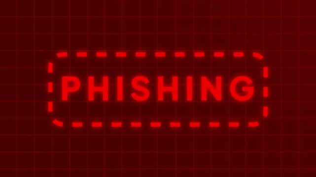 Phishing Red Neon Text Animation on Futuristic Digital Grid Background, Cyber Security Warning Motion Design