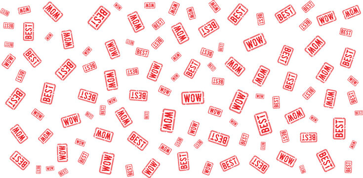 Red rubber stamp pattern with wow and text on transparent background