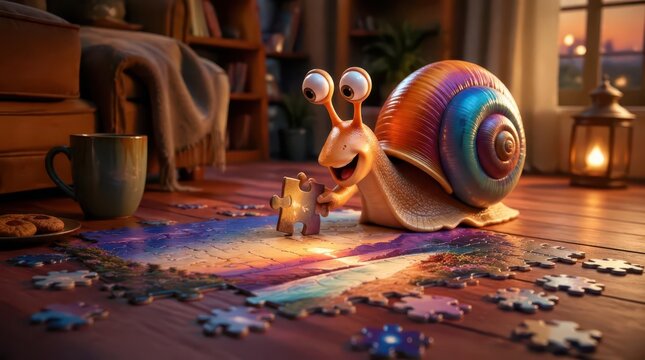 A happy 3D snail engaged in an intimate and quiet moment while solving a glowing landscape puzzle at sunset inside a cozy home interior with soft lighting for a cinematic 4K quality aesthetic.