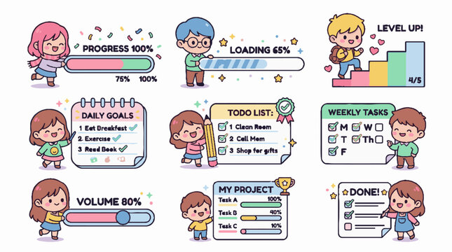 Cartoon characters with progress bars.