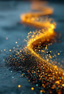 Glowing Dust Trail of Golden Particles on Dark Background in an Abstract Style