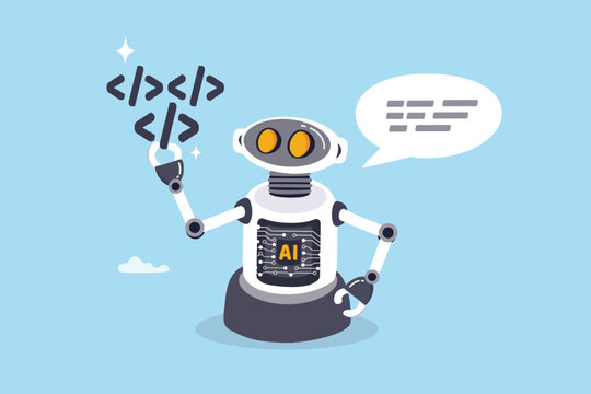 Vibe coding using Artificial Intelligence and creativity to write programming code create software or application, innovation idea or programmer using robot writing code with chat speech bubble.