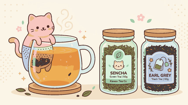 Cartoon cat in tea cup with jars.