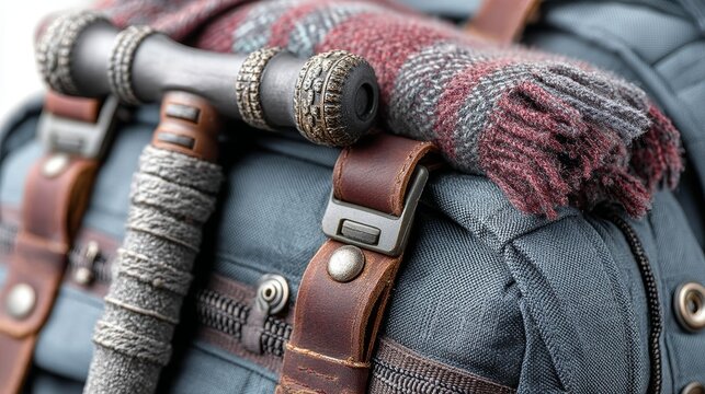 Stylish backpack with a cozy scarf and a walking stick for outdoor adventures
