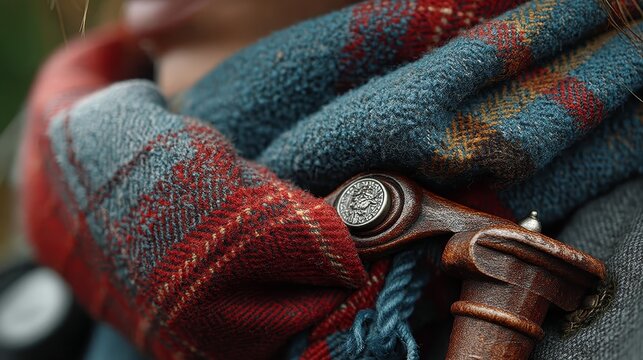 Close-Up of Cozy Wool Scarf with Artistic Wooden Fastener and Rich Textures
