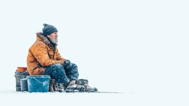 Fisherman Sitting Alone in Snowy Landscape on Ice with Equipment and Bucket