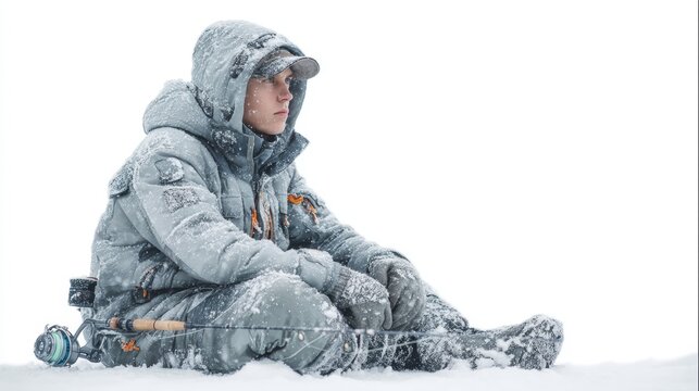 Young Angler in Snowy Landscape with Fishing Rod and Winter Gear Sitting on Ice
