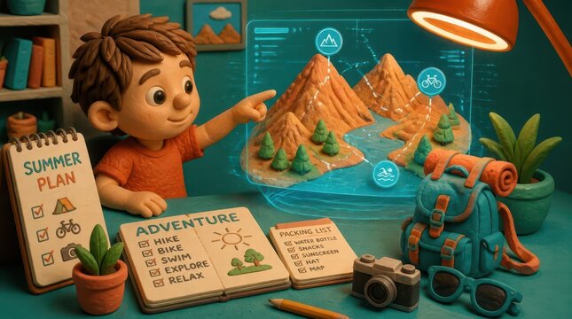 Clay sculpted toddler studying holographic maps under a warm ring light, illustrating a creative summer adventure plan with camping gear, travel checklists and miniature accessories for kids discovery