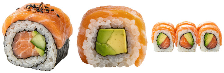Salmon avocado sushi rolls isolated on transparent background © Hchew