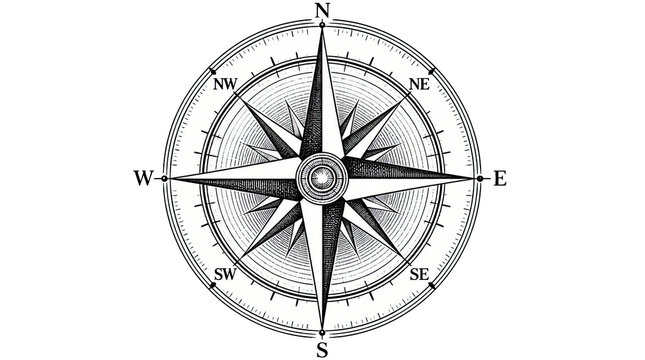 Detailed Vintage Etching Style Geometric Compass Rose Isolated on Transparent Background for Nautical Navigation, Cartography, Map Design, Adventure Exploration, and Classic Maritime Decorative Art.