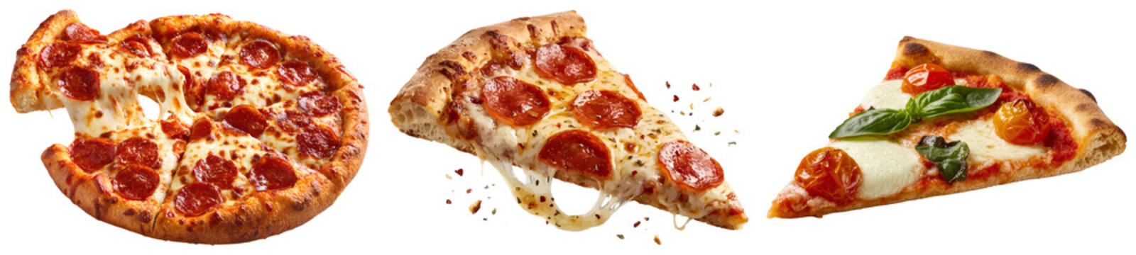 Three pizzas: a whole pepperoni pizza with cheese pull, a slice of pepperoni pizza, and a slice of Margherita pizza, isolated on transparent background.