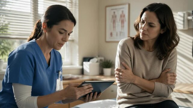 Professional nurse in blue scrubs using a digital tablet to explain a medical diagnosis to a concerned female patient sitting in an exam room at a clinic, showcasing compassionate health care.