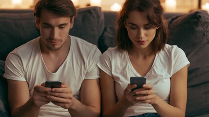 Fototapeta premium Couple Sits Together but Focuses on Smartphones Instead of Each Other in a Living Room Setting With Low Light