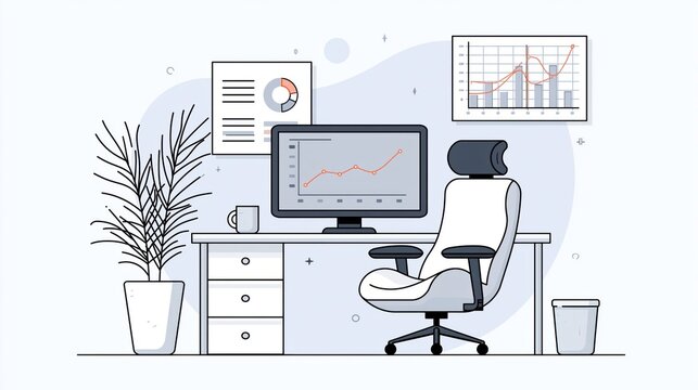 Modern office workspace with a computer displaying charts, a comfortable chair, a potted plant, and wall charts depicting data trends.